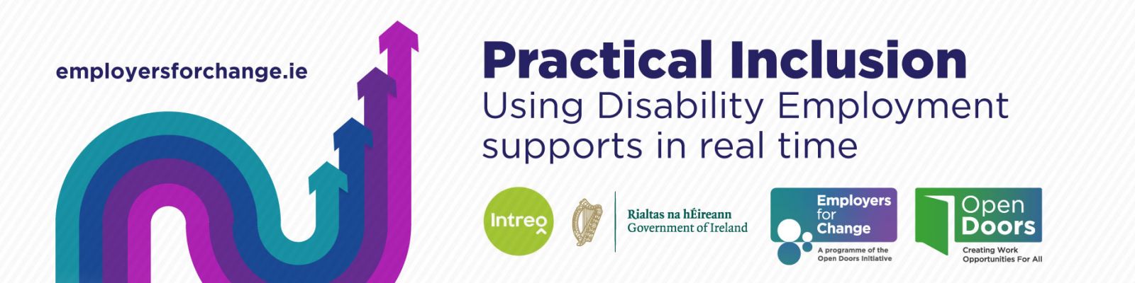 Practical Inclusion: using disability employment supports in real time. Illustration of lines with arrow heads curving upwards.  Logos for Intreo, Government of Ireland, Employers for Change and Open Doors. employersforchange.ie